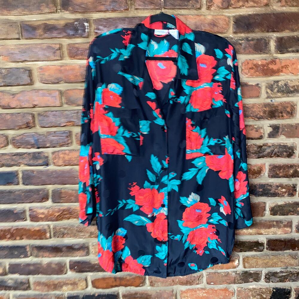Saks Fifth Ave Black Floral Polka Dot Silk Button Down Sleepshirt Women's Medium